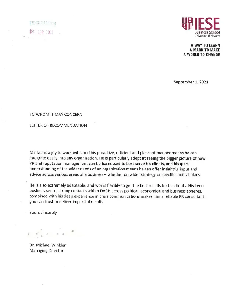 Letter of Recommendation der IESE Business School für Markus Kurz, 1. September 2021