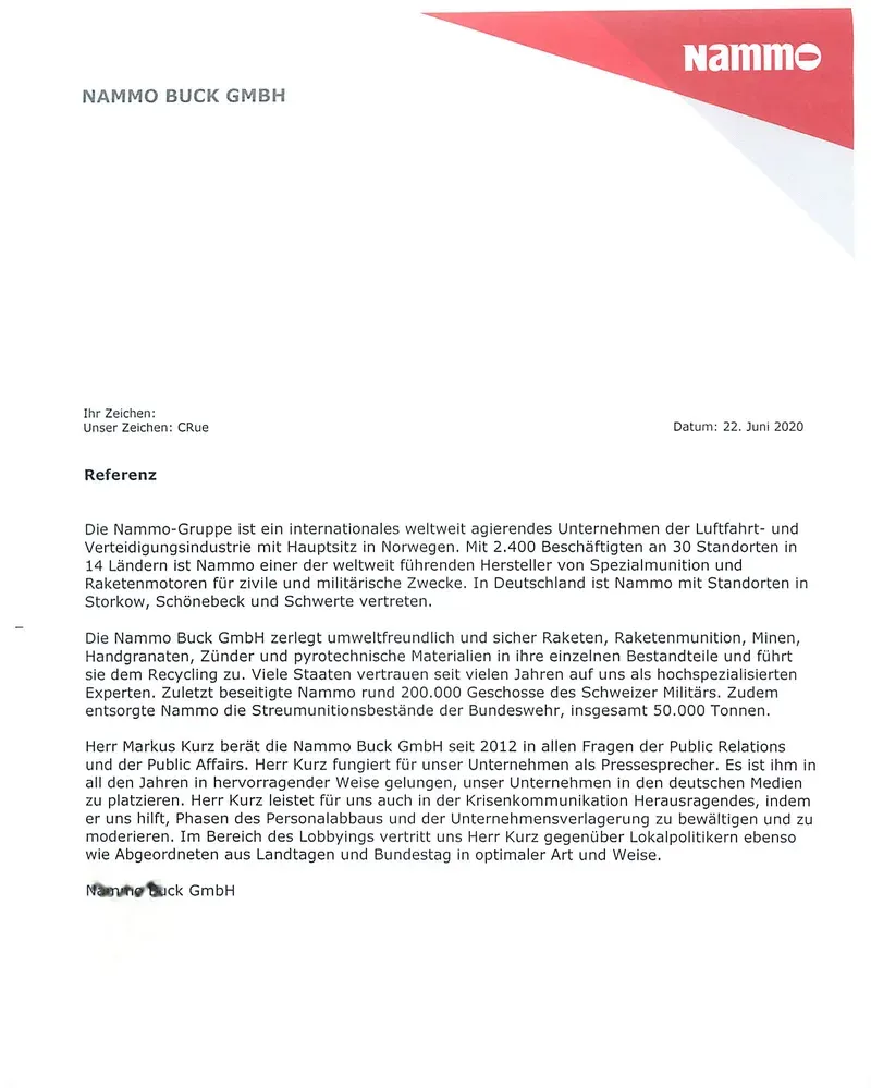 Referenzschreiben der Nammo Buck GmbH für Markus Kurz, 22. Juni 2020