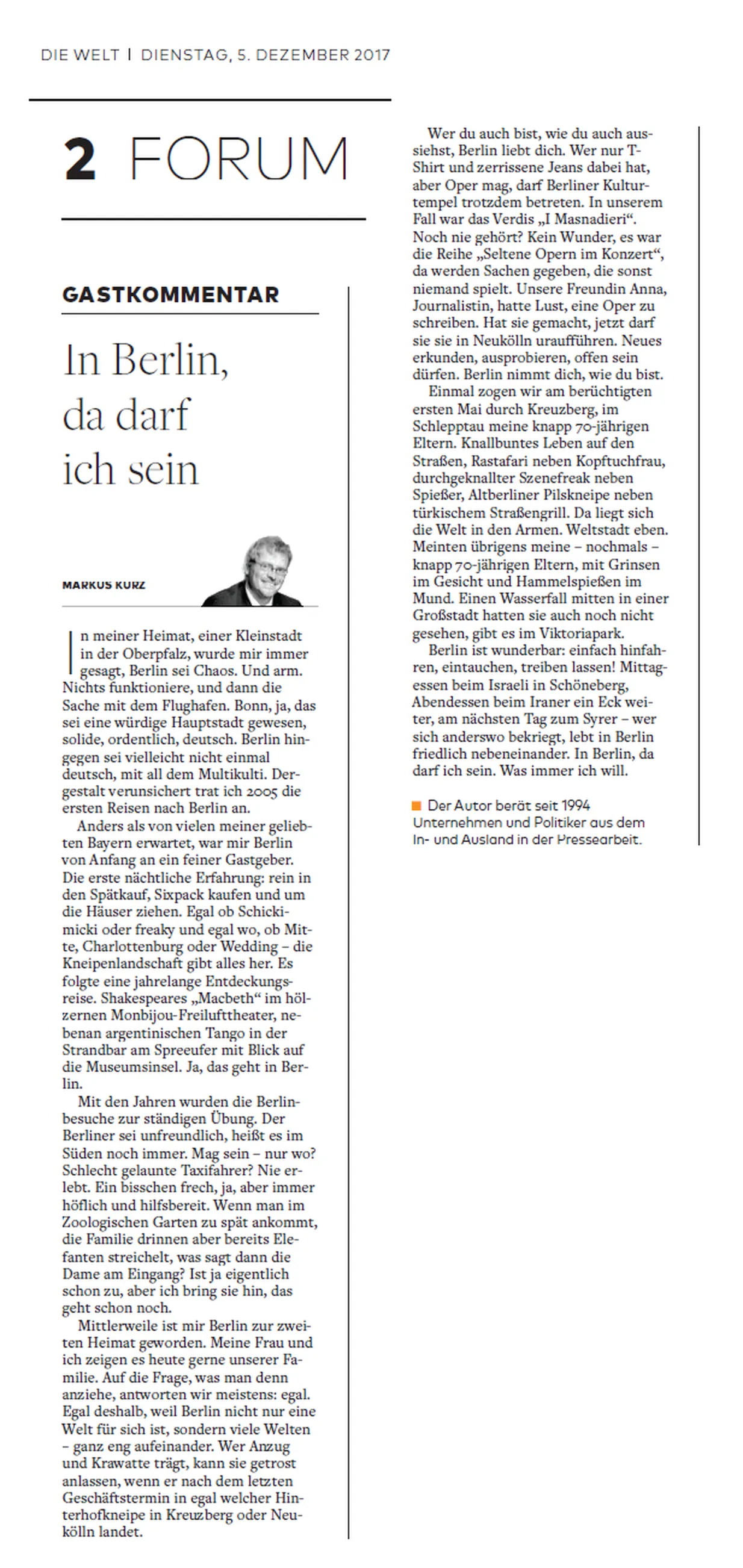 Gastkommentar „In Berlin, da darf ich sein“ von Markus Kurz in DIE WELT, 5. Dezember 2017